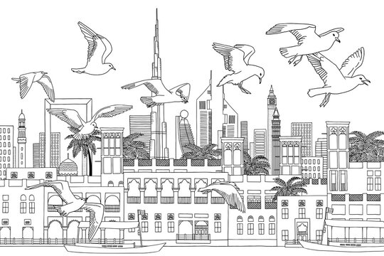 Al Seef Dubai - hand drawn black and white illustration of Duabi's skyline with seagulls