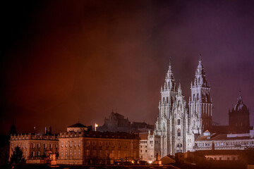 View of the cathedral of Santiago of Compostela in the night.