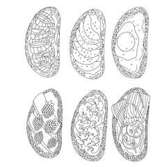 Set of sandwiches. Bruschetta Coloring. Healthy eating. Vegetarianism. Simple drawing in cartoon style. Vector illustration isolated on white background.
