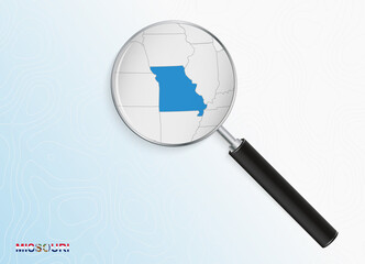 Magnifier with map of Missouri on abstract topographic background.