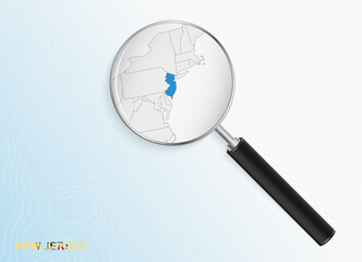 Magnifier with map of New Jersey on abstract topographic background.