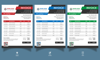A4 size Creative Invoice Template in 3 different color