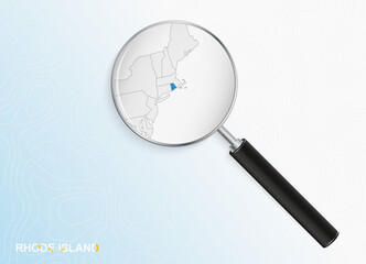 Magnifier with map of Rhode Island on abstract topographic background.