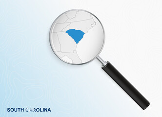 Magnifier with map of South Carolina on abstract topographic background.