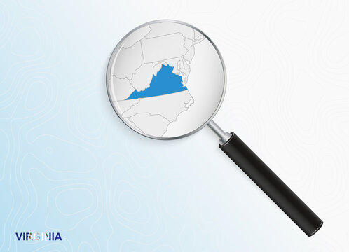 Magnifier With Map Of Virginia On Abstract Topographic Background.