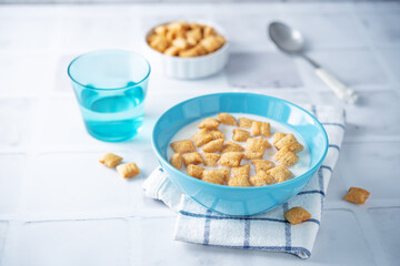 Fresh breakfast with wheat pads with milk in a bowl