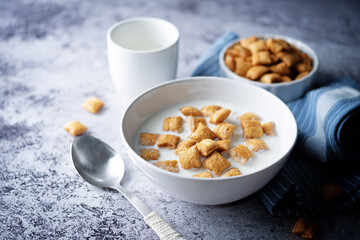 Fresh breakfast with wheat pads with milk in a bowl