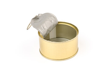 opened clean tin can with pull tab ring, bended lid and empty - isolated on white