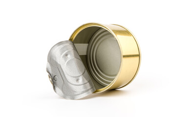 opened clean tin can with pull tab ring, bended lid and empty - isolated on white