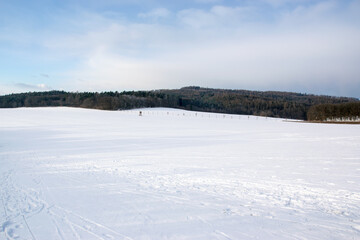 View of a winter snowy landscape with a small hill, forest and blue sky