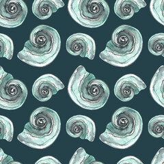 Print on a nautical theme. Seamless watercolor pattern Shell snail on a green background. Marine fauna. Handmade graphics. Seamless pattern with snails.