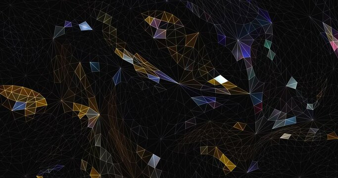 Mesh polygonal mosaic. Iridescent 3d render color random pattern of geometric triangles and lattices. Futuristic streams stained glass shards in abstract diamond web. Colorful wave ripple