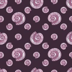 Print on a nautical theme. Seamless watercolor pattern Shell snail on a purple background. Marine fauna. Handmade graphics. Seamless pattern with snails.