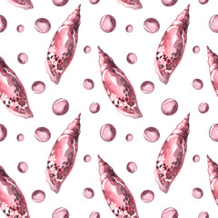 Print on a nautical theme. Seamless watercolor pattern. Beautiful seashells with texture on a white background. Marine fauna. Handmade graphics. Seashells and colored stones.