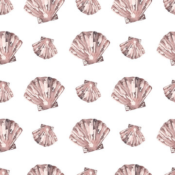 Seamless watercolor pattern. Print on a nautical theme. A scallop shell on a white background. Marine fauna. Handmade graphics. Marine background.