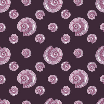 Print on a nautical theme. Seamless watercolor pattern Shell snail on a purple background. Marine fauna. Handmade graphics. Seamless pattern with snails.