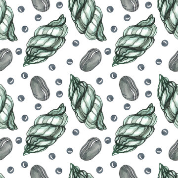 Seamless watercolor pattern. Print on a nautical theme. Emerald clam shell and gray stones on a white background. Emerald and turquoise colors.