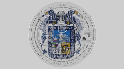 Large transparent Glass Bitcoin in center and on top of the Flag of Aguascalientes