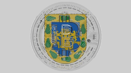 Large transparent Glass Bitcoin in center and on top of the Flag of Mexican Federal District