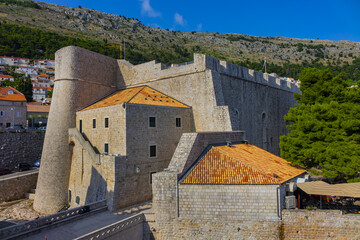 Fortified wall of medieval town Dubrovnik. Croatia. Dubrovnik on Adriatic Sea is one of most prominent tourist destinations, UNESCO World Heritage Site.