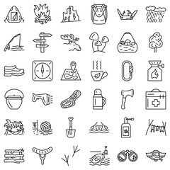 Travel to nature, active recreation in the forest, hiking and camping. Hiking in the mountains, tools and equipment of the tourist. Icon set, vector, isolated, outline, 48x48 pixel.