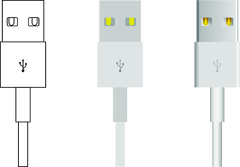 Set of USB wire illustrations. Contour, flat and realistic drawing.
