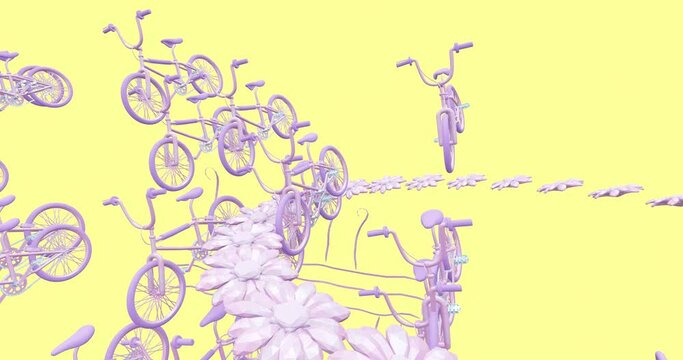 Creative Minimal 3d art. Animated stylish bicycle in yellow flowers summer geometric abstract space. Trendy color combination, dynamics, Loop motion, 4k video.