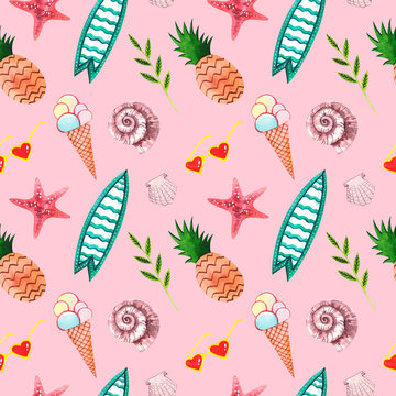 Seamless watercolor pattern on a pink background. Summer print with ice cream, pineapple, sunglasses, surfboard, seashells and starfish. Leisure and travel print.