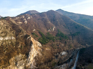 Aerial sunset view of Rhodope Mountains near Asenovgrad, Bulgaria