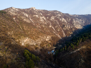 Aerial sunset view of Rhodope Mountains near Asenovgrad, Bulgaria