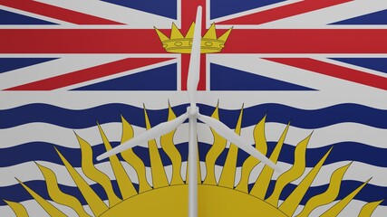 Large wind turbine in center with a background of the flag of British Columbia