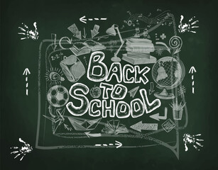 Fototapeta na wymiar Back to school . Chalk drawing on a school board. Set of school items. Vector illustration