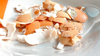Peeled eggshells on a white plate