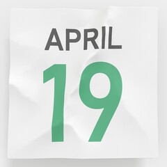 April 19 date on crumpled paper page of a calendar, 3d rendering