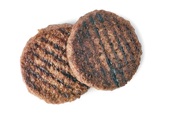 Two roasted burger patties on white background