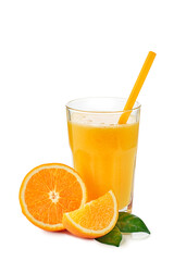 Glass of fresh orange juice with fruits slices on white