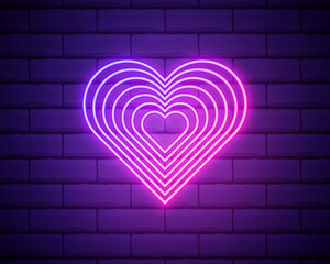 Bright heart. Neon sign. Retro neon heart sign on purple brick wall background. Design element for Happy Valentine's Day. Vector illustration