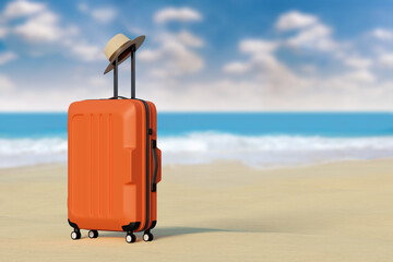 Suitcase with hat on the beach with the sea in the background with copy space. 3d illustration.