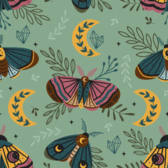  seamless pattern magic forest with moth, butterfly, moon