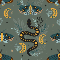 seamless pattern magic forest with moth and snake