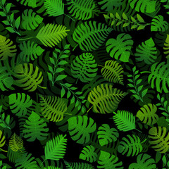 Fototapeta premium Seamless pattern with exotic jungle plants. Tropical palm leaves. Rainforest illustration, in green colors.