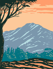 WPA-Plakatkunst des Gipfels des Mount Tamalpais oder des Mount Tam im Mt. Tamalpais State Park in Marin County, Kalifornien, Vereinigte Staaten von Amerika, ausgeführt im Stil der Projektverwaltung.