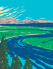 WPA poster art of Yellowstone River in Hayden Valley located in Yellowstone National Park, Wyoming, United States of America done in works project administration style or federal art project style.