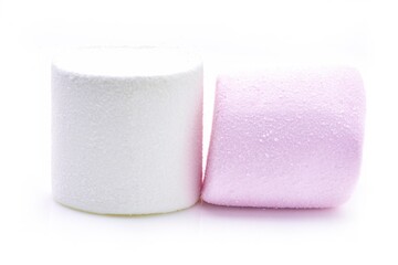 Heap of delicious White and pink marshmallows, isolated on white background