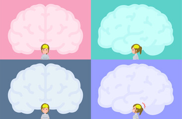 脳の形のフレームとカジュアルファッション女性のセット