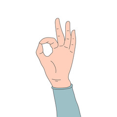 Hand drawn doodles hand showing the symbol with ok fingers