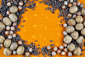 Pile of different nuts.  Background image.