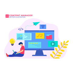 content manager flat illustration media marketing online design computer