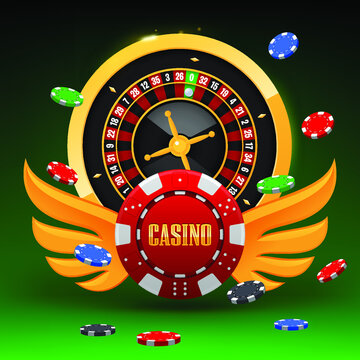 Roulette wheel and poker chips fly casino. Concept on green background. Casino vector illustration. Realistic chip in the air. Online casino, gambling concept, mobile app icon.	
