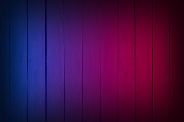 Neon light on wood wall texture background. Lighting effect red and blue neon backgrounds.